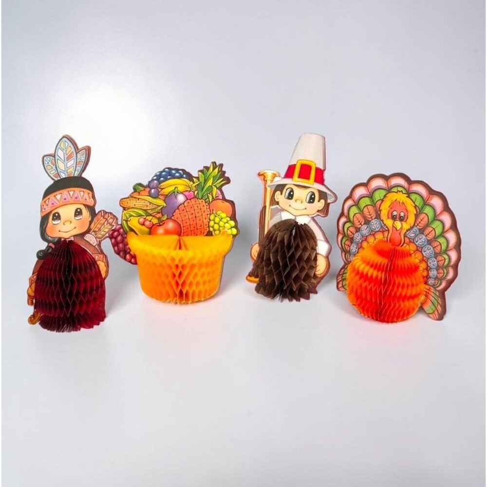 Vintage 1986 Beistle Thanksgiving Honeycomb Figures Set of 4 Pilgrim Turkey Corn